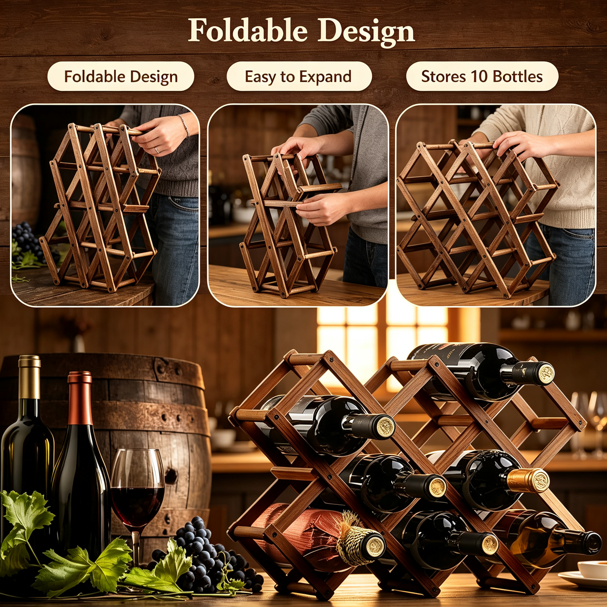 Foldable Pine Wood Wine Rack